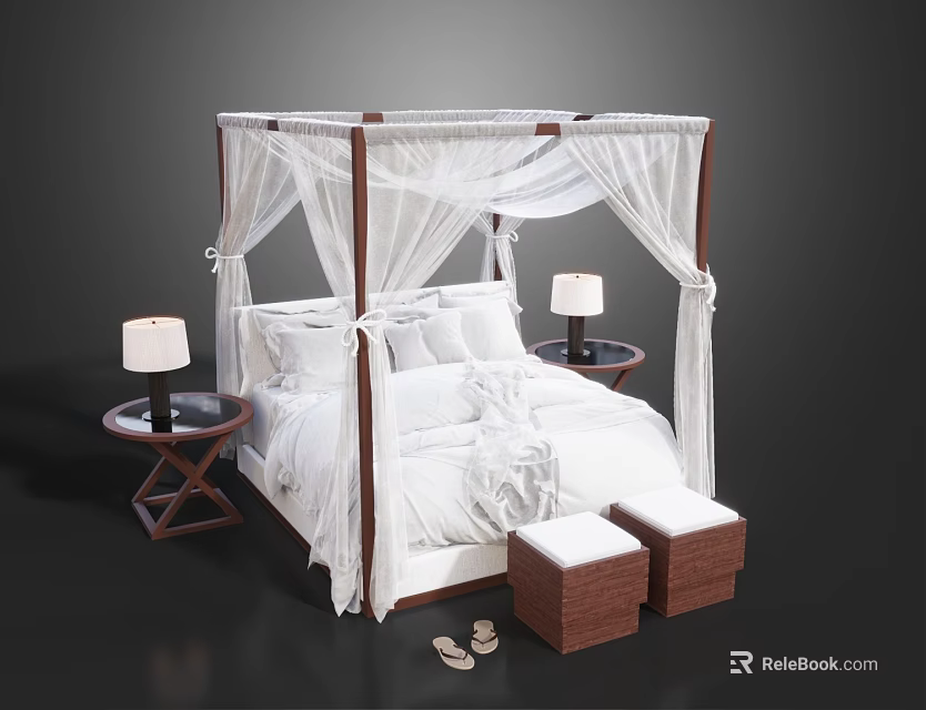Elegant Four Poster Double Bed With White Canopy Nightstands Table Lamps And Storage Stools 3d model 