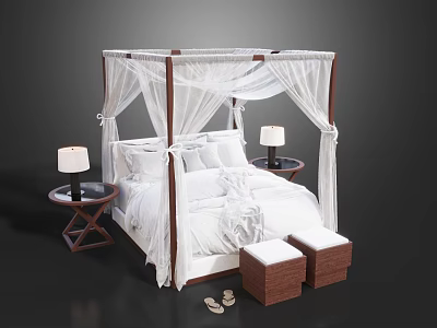Elegant Four Poster Double Bed With White Canopy Nightstands Table Lamps And Storage Stools 3d model