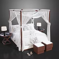 Elegant Four Poster Double Bed With White Canopy Nightstands Table Lamps And Storage Stools