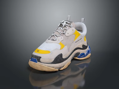 Gray and Yellow Chunky Sneakers with Blue Sole Details and Lace Up Design 3d model