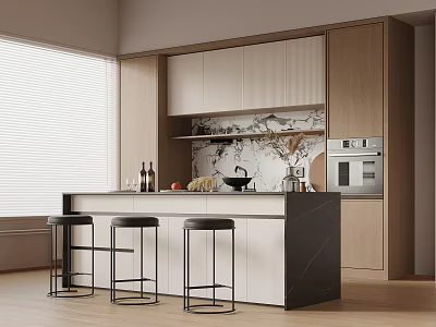Modern Kitchen Interior With Island Counter Bar Stools Cabinets And Appliances 3d model