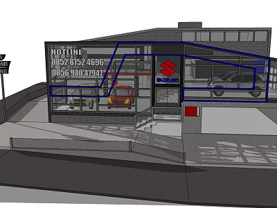 HOYLINE Car Service Building Exterior Featuring Glass Walls And Cars Inside 3d model