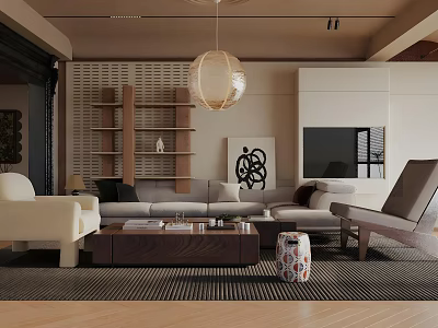Modern Living Room Interior With Beige Sofa Wooden Shelves Pendant Light Coffee Table And Rug 3d model