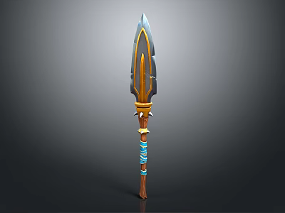 Traditional Decorative Spear With Metal Blade Wooden Shaft And Blue Gold Ornaments 3d model