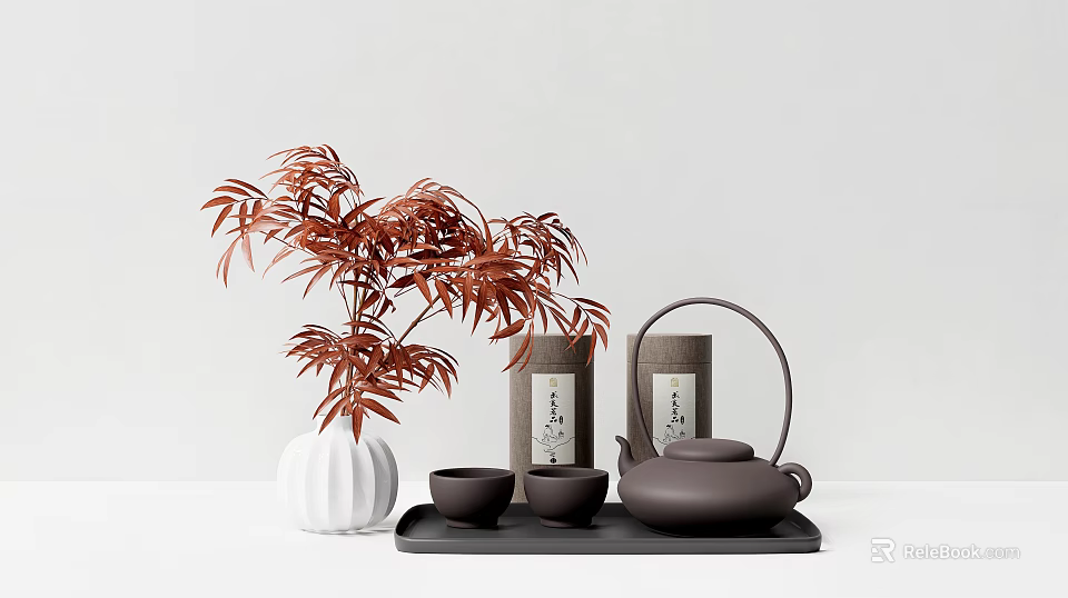 Elegant Brown Tea Set with Teapot Teacups Tray Tea Canisters White Vase Red Leaf Plant 3d model 