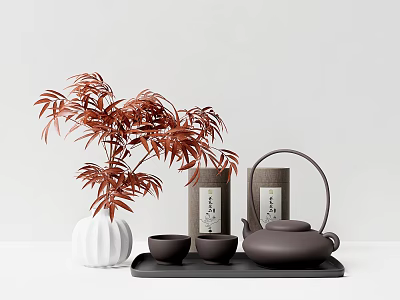 Elegant Brown Tea Set with Teapot Teacups Tray Tea Canisters White Vase Red Leaf Plant 3d model