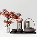 Elegant Brown Tea Set with Teapot Teacups Tray Tea Canisters White Vase Red Leaf Plant