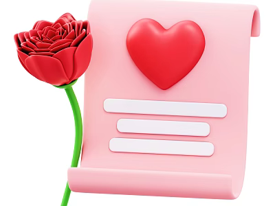 Red Rose with Pink Scroll Red Heart and White Strips 3d model