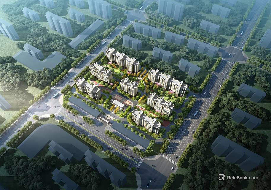 Aerial Planning of Residential Complex With Apartment Buildings Green Spaces and Road Network 3d model 