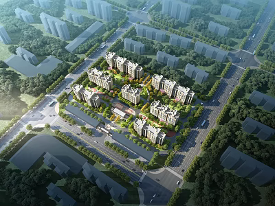 Aerial Planning of Residential Complex With Apartment Buildings Green Spaces and Road Network 3d model