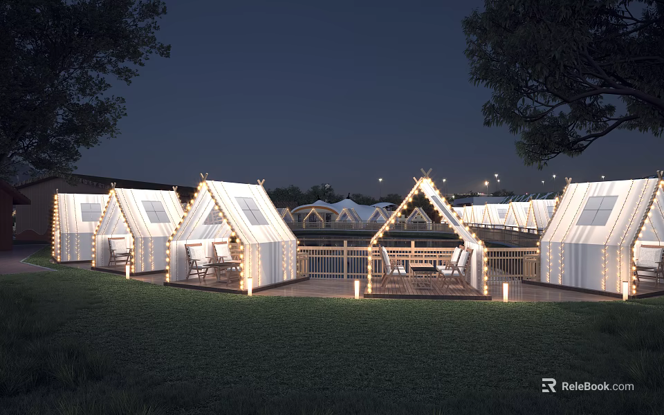 Scenic Garden Landscape Featuring Illuminated Tents Lawn Seating And Night Lighting 3d model 