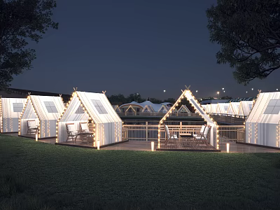 Scenic Garden Landscape Featuring Illuminated Tents Lawn Seating And Night Lighting 3d model