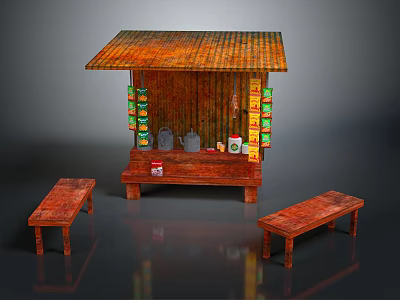 Traditional Wooden Street Stall With Tiled Roof And Side Hanging Items Plus Two Benches 3d model