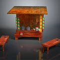 Traditional Wooden Street Stall With Tiled Roof And Side Hanging Items Plus Two Benches
