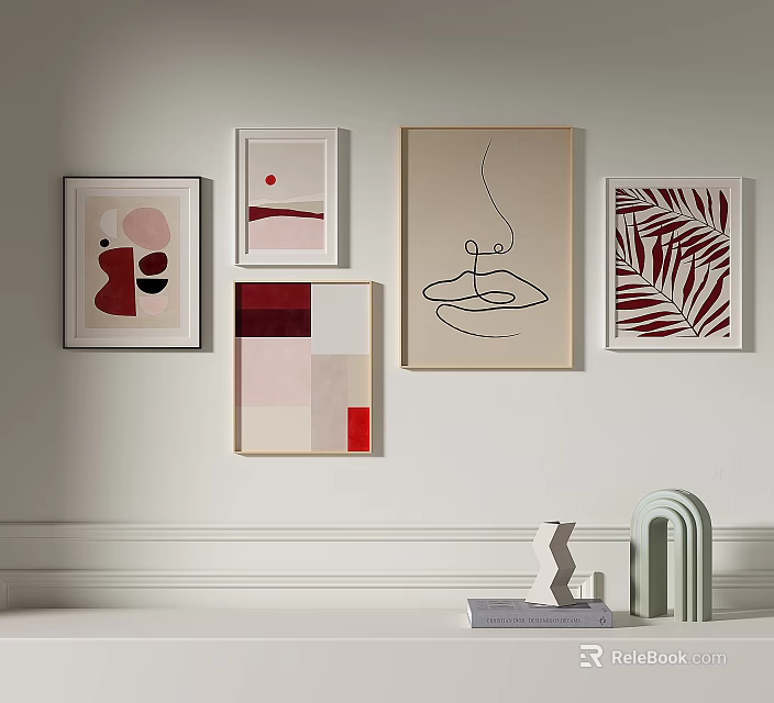 Minimalist Wall Decor with Various Abstract Paintings and Decorative Shelf Items 3d model