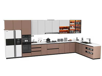 Stylish Modern Kitchen Interior With Brown White Cabinets Countertop And Appliances 3d model