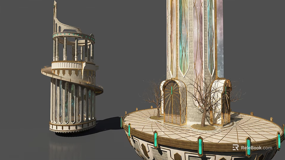 European Architecture Featuring Spiral Structure Tall Tower On Circular Platform With Small Trees 3d model 