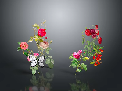 Colorful Roses Arrangement With Pink Red Blooms Butterfly Red Berries And Green Leaves 3d model