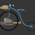 Vintage Blue Bicycle With Gold Accents Large Front Wheel And Small Rear Wheel