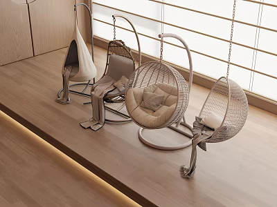Modern Rattan Hanging Chairs With Metal Frame On Wooden Floor Near Window 3d model