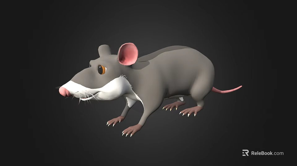 Cute 3D Cartoon Mouse With Gray Body White Belly And Pink Features On Black Background 3d model 