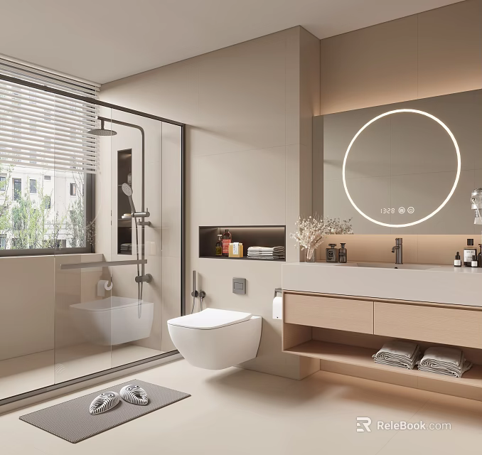 Modern Bathroom Interior With Glass Shower Enclosure Wall-Mounted Toilet Round Illuminated Mirror Vanity And Towels 3d model 
