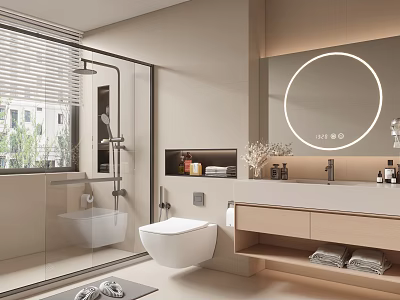 Modern Bathroom Interior With Glass Shower Enclosure Wall-Mounted Toilet Round Illuminated Mirror Vanity And Towels 3d model
