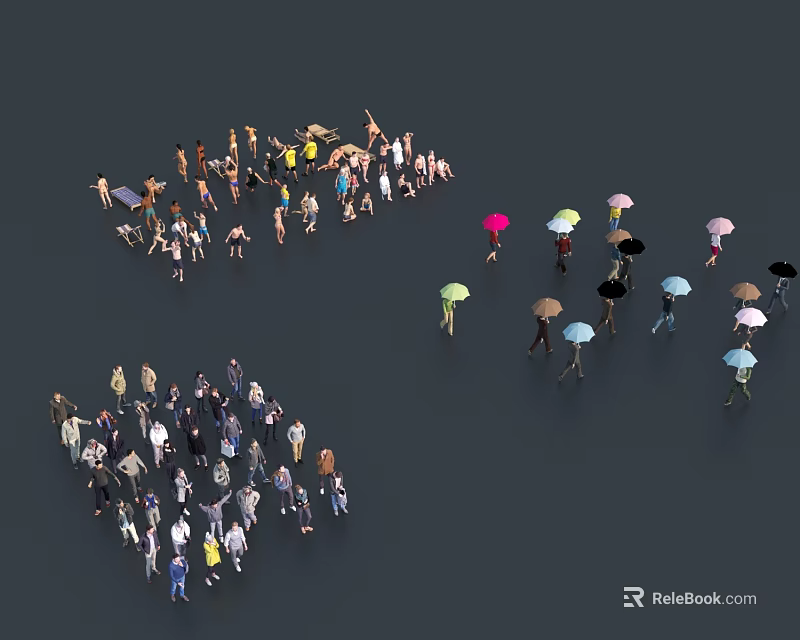Crowd of People Standing with Colorful Umbrellas and Various Poses 3d model 