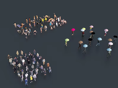 Crowd of People Standing with Colorful Umbrellas and Various Poses 3d model