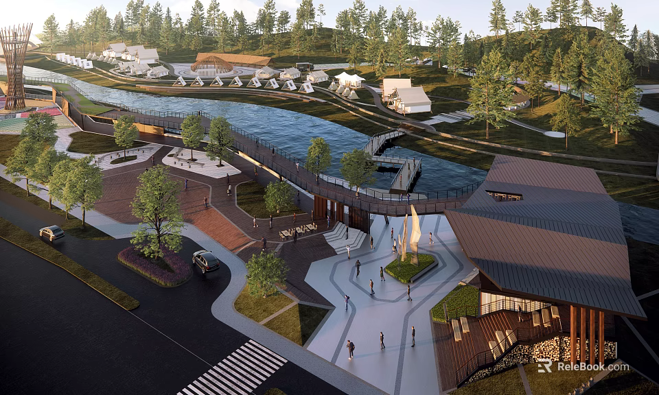 Scenic Park Landscape Featuring River Bridge Walkway Trees And Wooden Cabins 3d model 