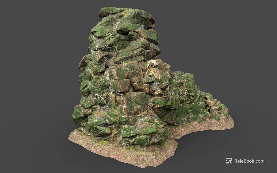 Green Moss Covered Stacked Stone Structure With Wood Base Natural Design 3d model 