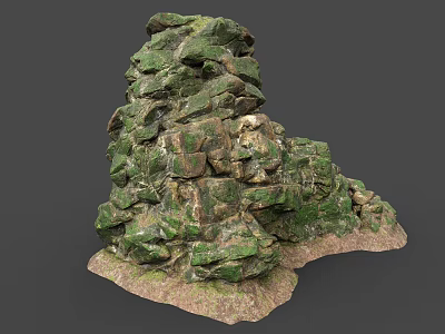 Green Moss Covered Stacked Stone Structure With Wood Base Natural Design 3d model