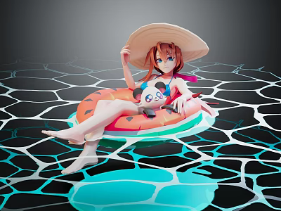 Game Movie Character In Straw Hat Bikini On Watermelon Inflatable Ring Over Grid Patterned Ground 3d model