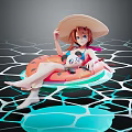 Game Movie Character In Straw Hat Bikini On Watermelon Inflatable Ring Over Grid Patterned Ground