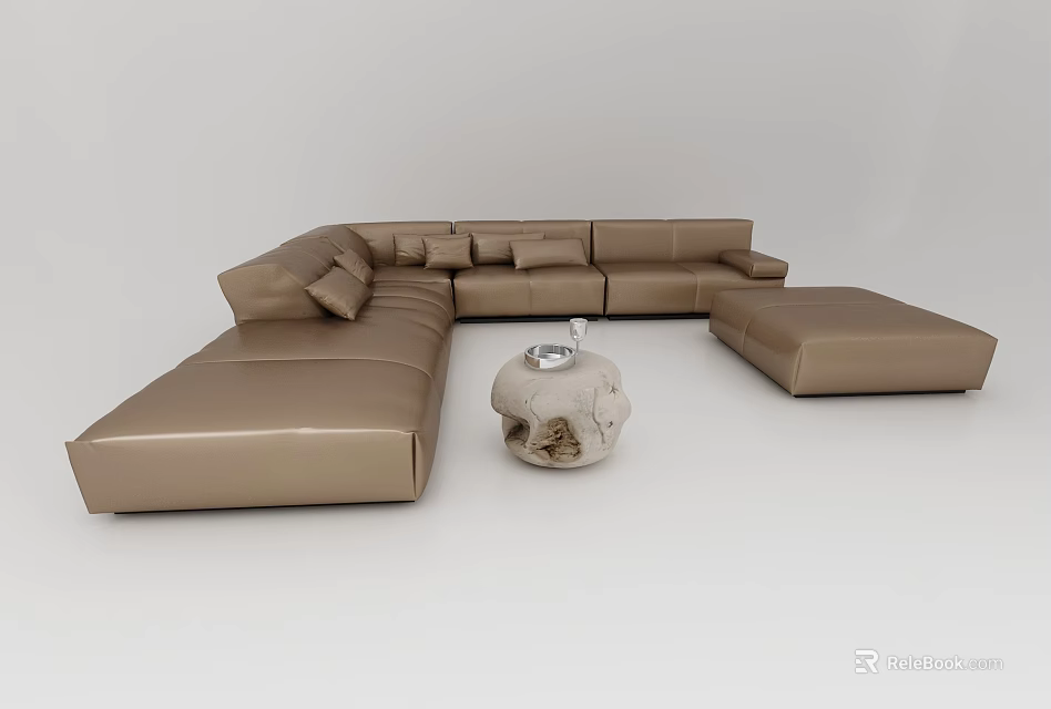 Brown Leather L Shaped Sofa Coffee Table Set With White Decorative Coffee Table And Accessories 3d model