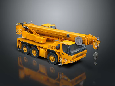 Yellow Mobile Crane Truck With Extendable Boom Six Wheels And Metal Hook 3d model