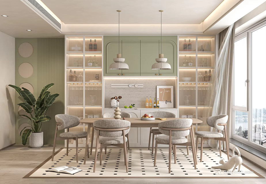 Modern Dining Room Interior With Light Green Walls Pendant Lights Display Cabinets And Wooden Chairs 3d model 