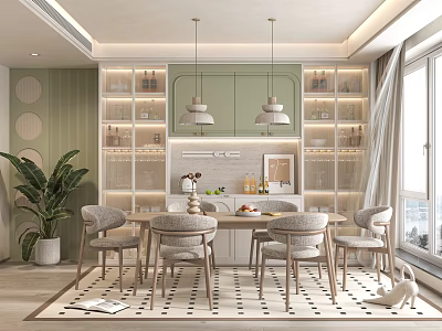Modern Dining Room Interior With Light Green Walls Pendant Lights Display Cabinets And Wooden Chairs 3d model