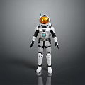 Astronaut in White Spacesuit Orange Helmet with Blue Chest Logo Interacting with Alien Creature
