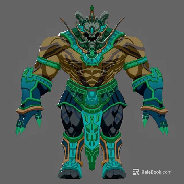 Game Movie Character With Green Gold Armor Skull Ornament Muscular Spiked Gloves And Boots 3d model 