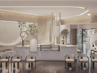 Modern Milk Tea Shop Interior With Curved Lighting Marble Counter And Plant Decorations 3d model