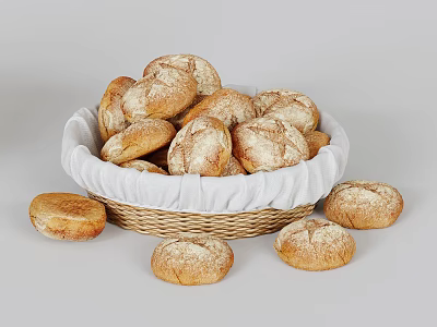 Rustic Fresh Homemade Bread in Wicker Basket with Loaves Scattered Around 3d model
