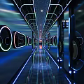 Futuristic KTV Lobby With Neon Lights And Robots