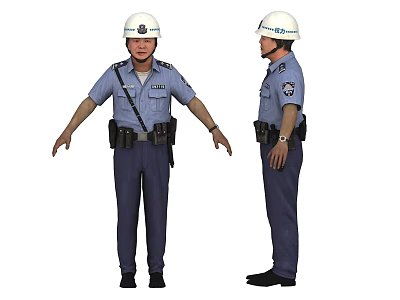 Man in Blue Uniform with White Helmet and Equipment Belt Front Side Views 3d model