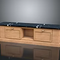 Sleek Wooden Cabinet With Black Marble Top And Two Metal Handle Drawers