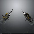 Chainsaw Weapon with Yellow Silver Parts and Serrated Blades on Gray Reflective Background