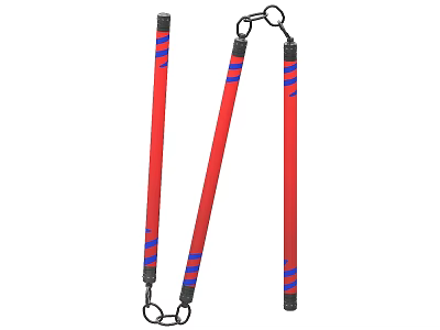 Red Martial Arts Weapon with Blue Stripes and Black Connecting Rings 3d model