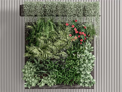 Living Green Plant Wall With Various Green Plants Red Flowers And Gray Wall Background 3d model