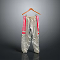 Gray Sports Pants With Red Side Stripes Hanging On Wooden Hanger For Daily Wear