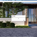 Modern Stone Feature Wall Design With Green Bushes And Building Entrance Lighting